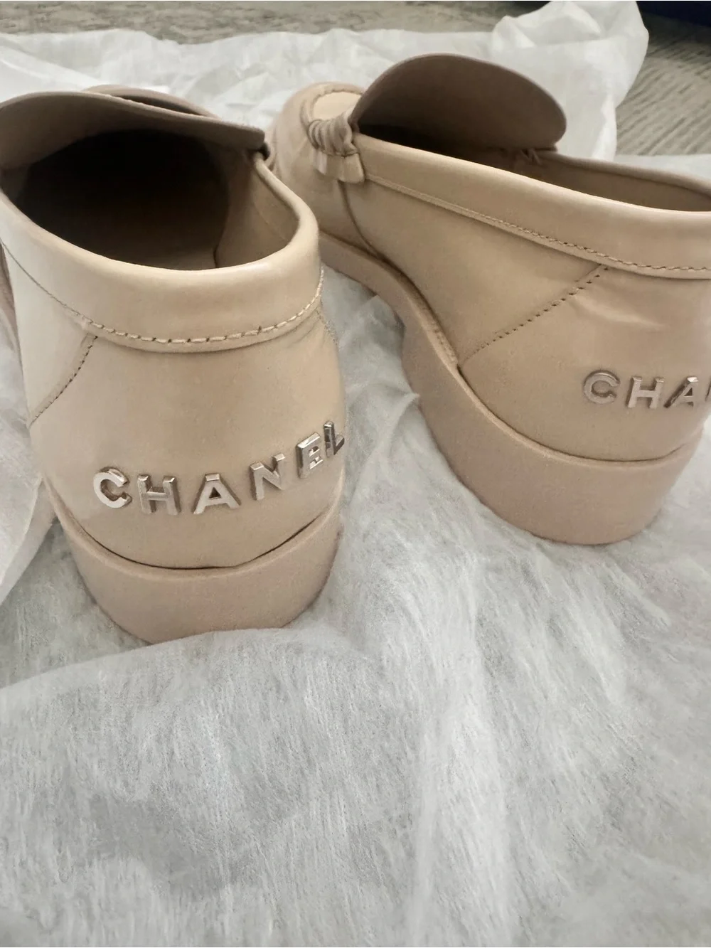CHANEL Beige Patent Leather Penny Loafers